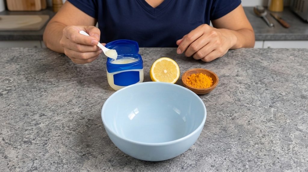 A flat lay of ingredients for a DIY skincare recipe on a speckled grey surface including a person s hands an open jar of