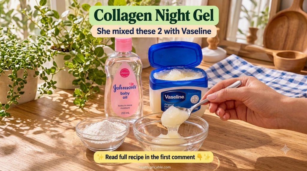 Ingredients for a DIY collagen night gel a bottle of baby oil an open jar of Vaseline a bowl of white powder and another