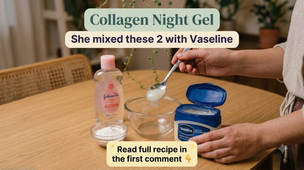 A close-up of a hand holding a spoon filled with Vaseline over an empty glass bowl with a bottle of baby oil and a small