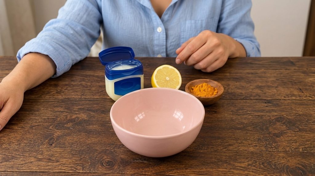 A close-up overhead shot of the ingredients for the DIY mask laid out on a dark wooden table featuring an empty pink cer