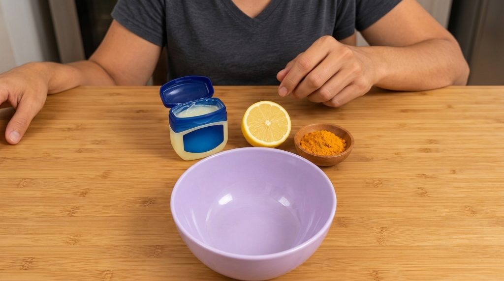 A flat lay composition on a light wooden table featuring ingredients for a DIY treatment A large empty light purple bowl