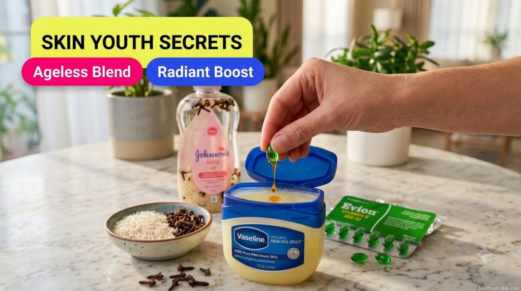 A hand squeezing a green Vitamin E capsule releasing golden liquid into a tub of petroleum jelly In the background a bot