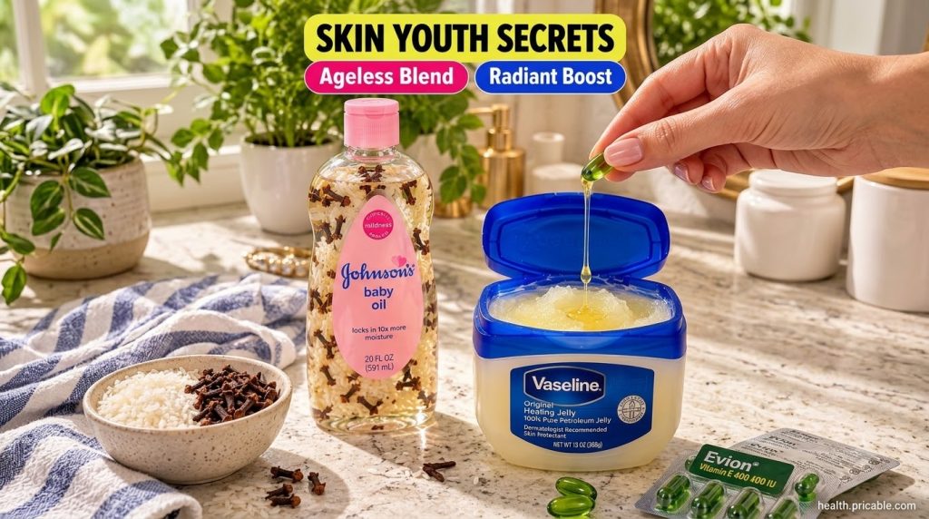 A flat lay showing a hand squeezing a Vitamin E capsule into an open tub of Vaseline surrounded by a bottle of baby oil 