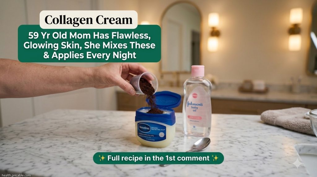 A close-up shot of a hand mixing coffee grounds into a jar of Vaseline with baby oil and a spoon on a marble countertop