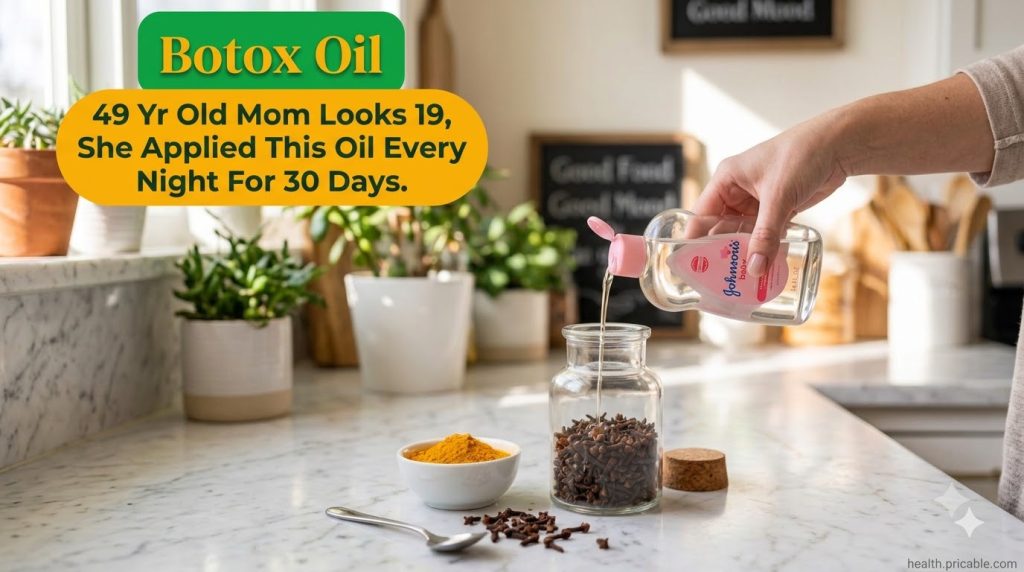 A hand pouring baby oil into a clear glass jar containing cloves with a small bowl of turmeric powder on a white marble 
