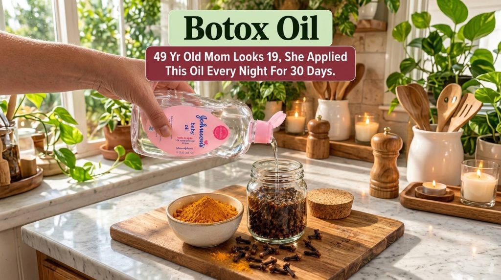 A close-up of a hand pouring baby oil into a glass jar filled with cloves with a small bowl of turmeric powder on a wood