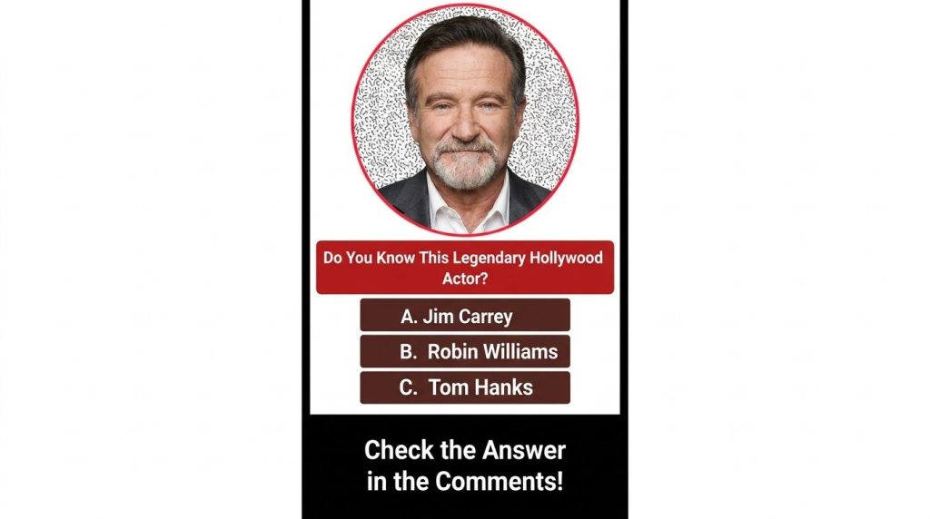 A mobile-friendly quiz interface with a portrait of Robin Williams in a circular frame asking Do You Know This Legendary