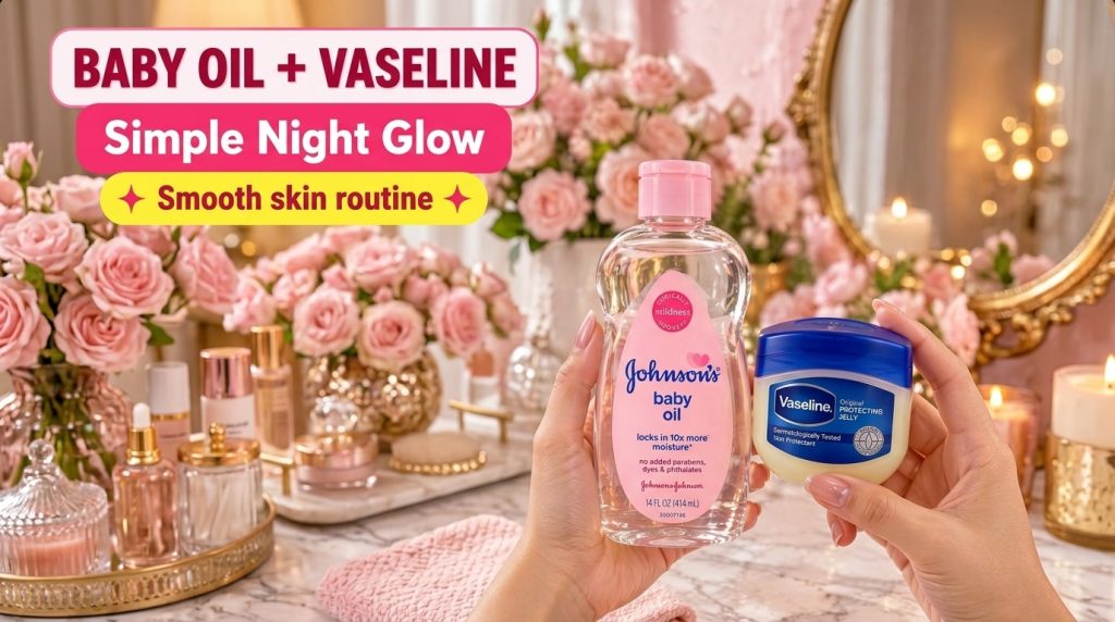 Two hands presenting a bottle of Johnson s Baby Oil and a jar of Vaseline Original Protecting Jelly against a soft backg