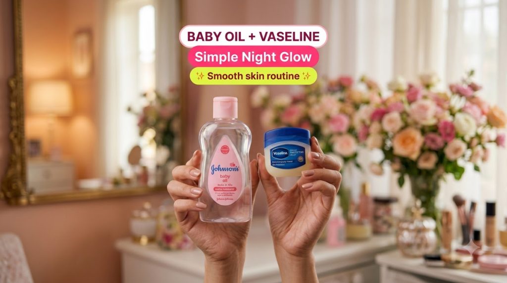 Hands holding a bottle of Johnson s Baby Oil and a tub of Vaseline Original Protecting Jelly against a soft warm floral 