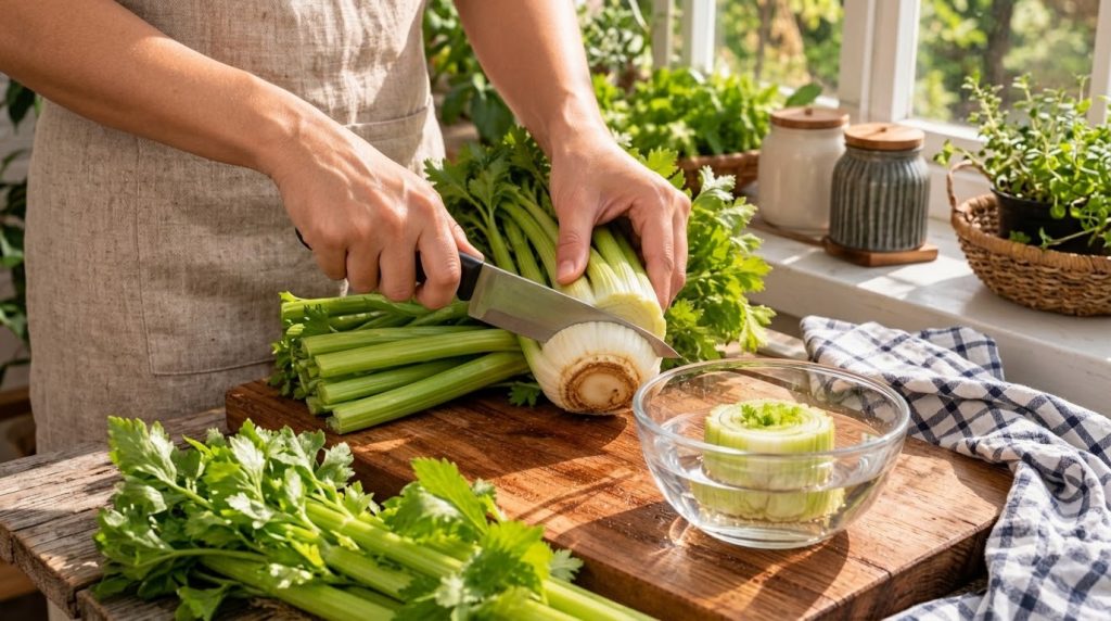 Hands cutting the root end of a fresh celery stalk on a rustic wooden cutting board with a glass bowl of water holding a