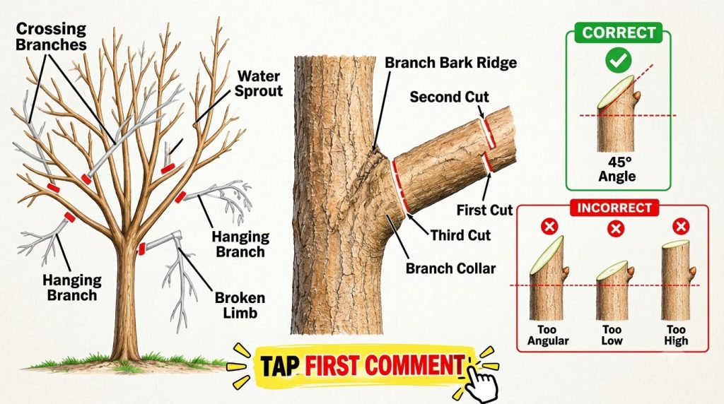 An educational infographic on tree pruning techniques featuring an overhead view of common pruning targets a close-up of