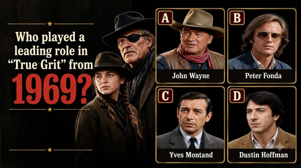 A multiple-choice quiz image with an illustration of two Western characters a young woman and an older man with an eye p
