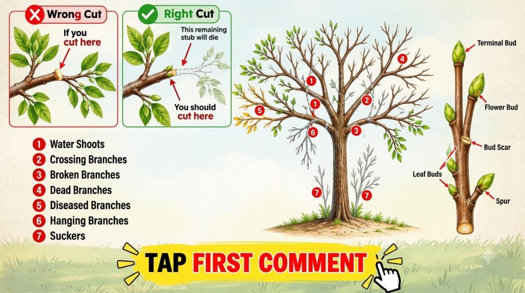 An educational infographic illustrating correct and incorrect tree pruning cuts different types of branches to remove wa