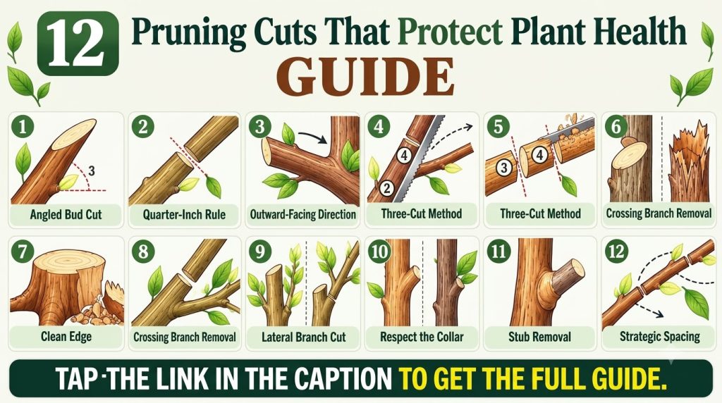 An infographic detailing 12 essential pruning cuts that protect plant health with illustrations of various cuts on tree 