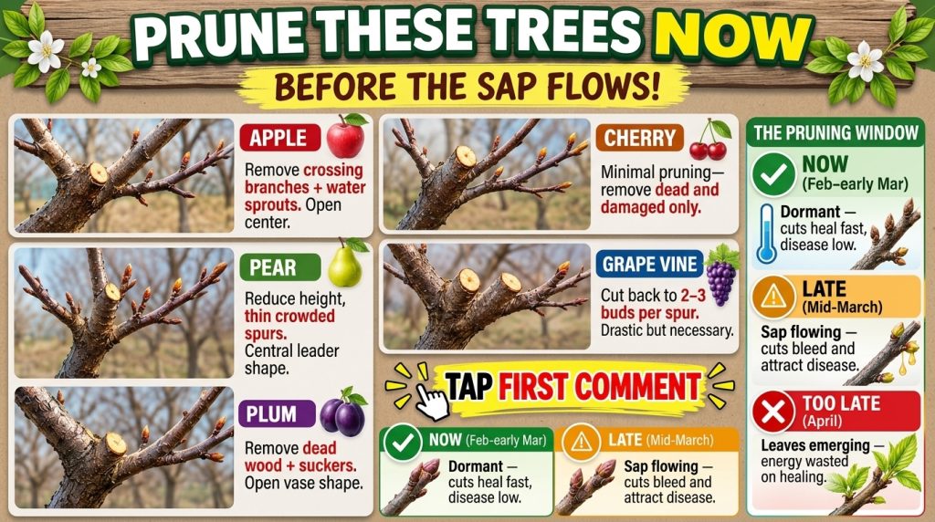 An infographic detailing optimal spring pruning times for various fruit trees before sap flow showing dormant branches w