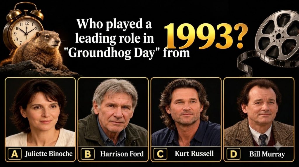 A movie trivia quiz asking Who played a leading role in Groundhog Day from 1993 with a golden alarm clock a glowing grou