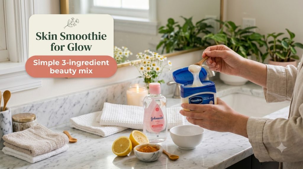 A flat lay of beauty ingredients on a marble countertop showing hands scooping Vaseline a bottle of baby oil cut lemons 