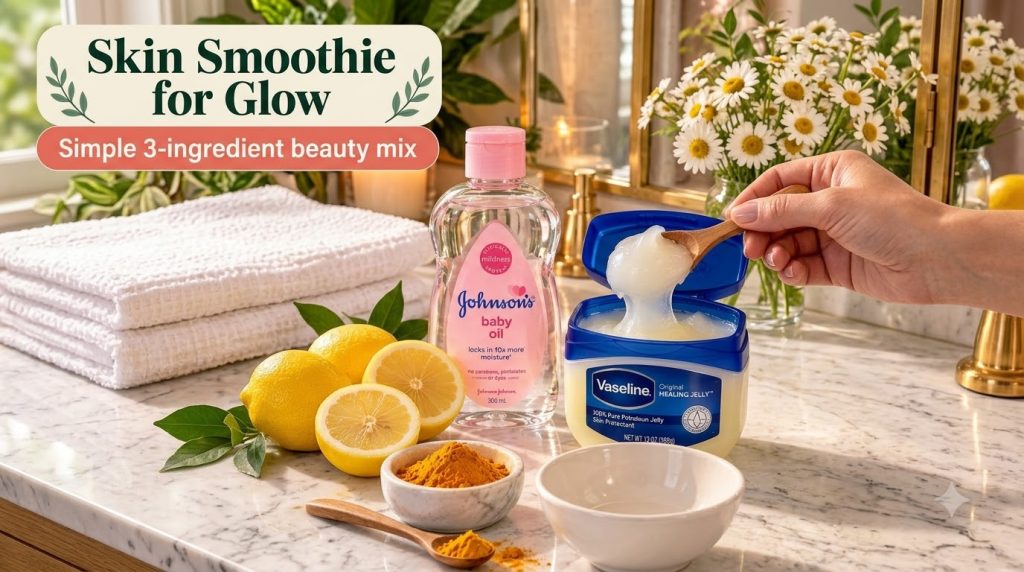 Ingredients for a skin smoothie baby oil petroleum jelly Vaseline halved lemons and turmeric powder on a marble counter 