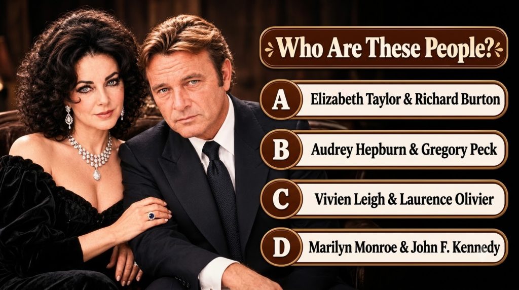A glamorous portrait of Elizabeth Taylor and Richard Burton framed in gold against a dark background as seen in a celebr