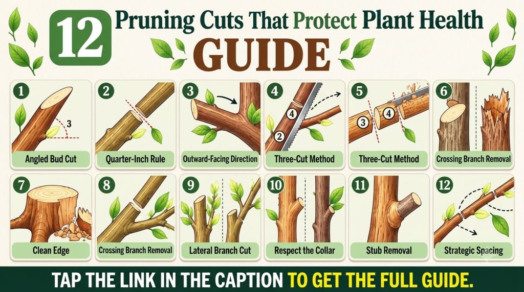 An infographic showing 12 different pruning cuts that protect plant health demonstrating techniques like thinning cuts h