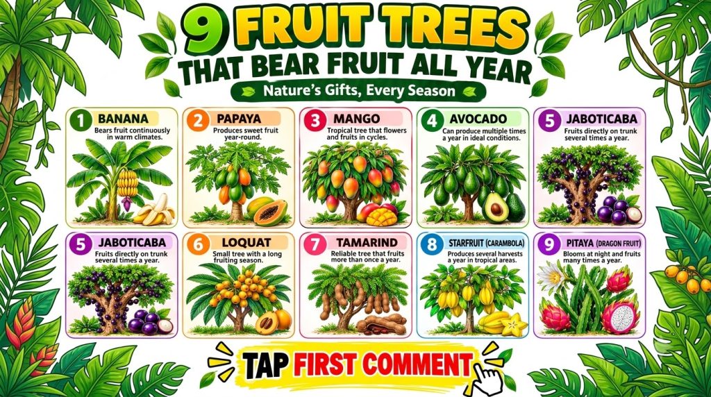 An infographic showing nine different fruit trees that bear fruit all year each in its own panel with a name and brief d