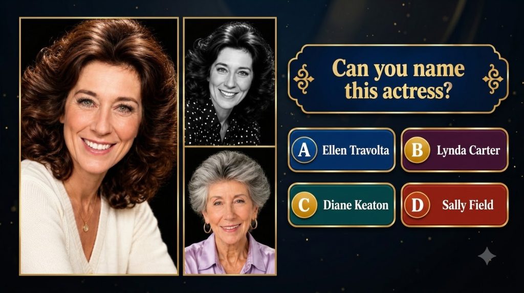 A collage of three portraits of Ellen Travolta at different ages accompanied by a quiz question asking Can you name this