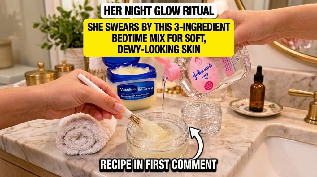Close-up overhead shot of hands mixing Johnson s baby oil and Vaseline in a small glass jar with a brush Another open ja