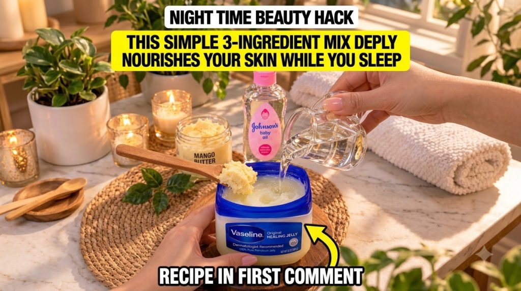Hands mixing Vaseline mango butter and baby oil in a jar with a lit candle and green plant in the soft background