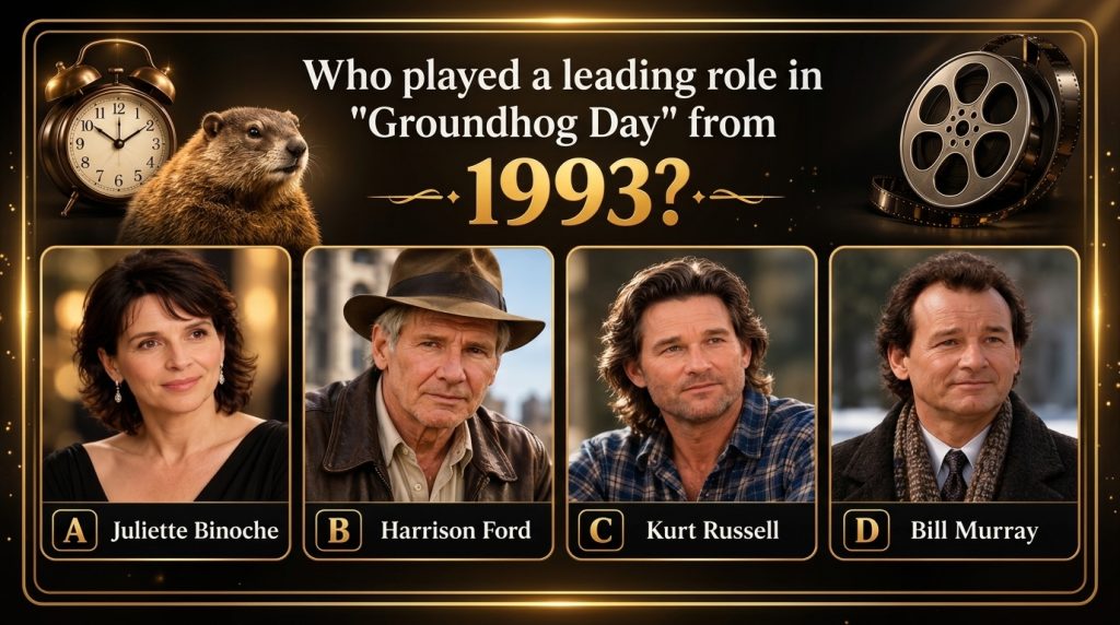 A multiple-choice quiz image asking Who is this actor from Groundhog Day with options A Juliette Binoche B Harrison Ford