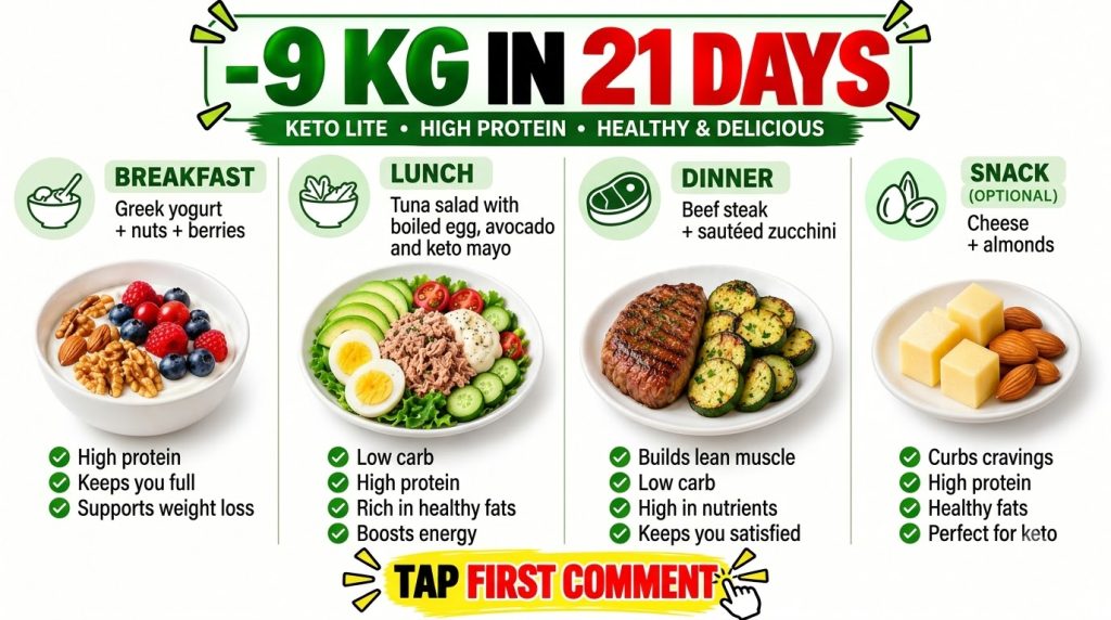 An infographic showing a 21-day keto diet plan with meals like breakfast lunch dinner and snack featuring photorealistic