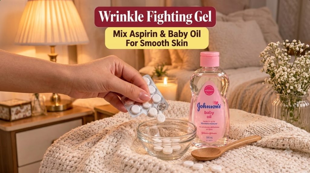 A hand dropping an aspirin tablet into a glass bowl with other tablets next to a bottle of baby oil and a wooden spoon o