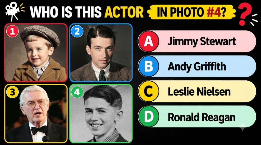 A black-and-white portrait of a young James Stewart as a boy smiling broadly framed as a quiz question