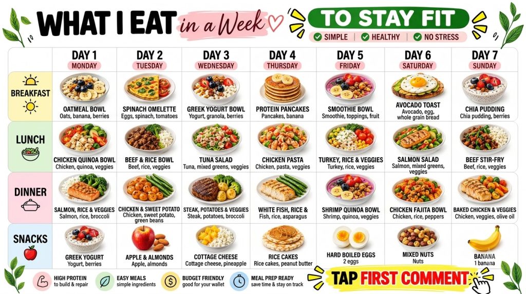 A bright organized infographic showcasing a 7-day healthy meal plan with clear photos names and ingredients for breakfas