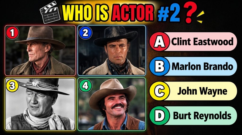 A multiple-choice quiz image with four headshots of famous actors in a 2x2 grid Actor 2 in the top right panel is Sean C