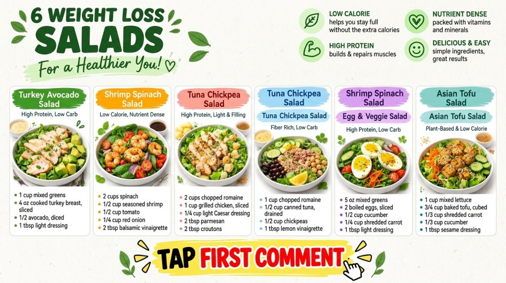 An infographic showing six different weight loss salad recipes with photos titles and ingredient lists The overall visua