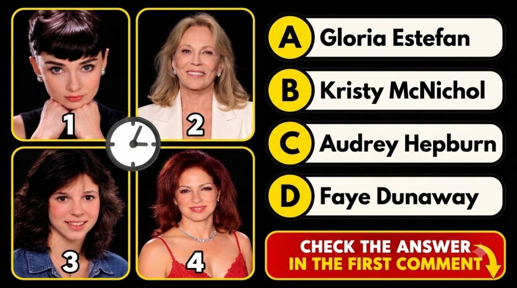 A multiple-choice quiz image showing headshots of four actresses Audrey Hepburn Faye Dunaway Kristy McNichol and Gloria 