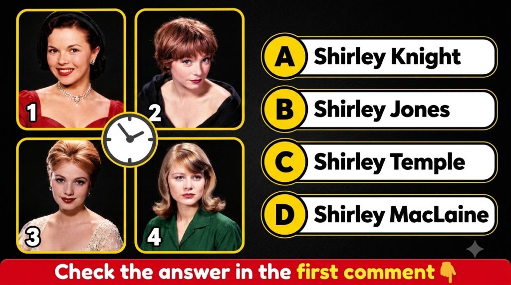 A vertical quiz layout featuring four numbered portraits of classic Hollywood actresses A central clock icon separates t