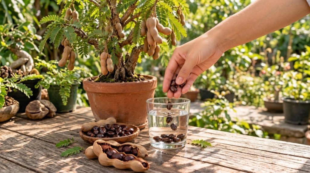 A close-up of a hand dropping tamarind seeds into a glass of water showing ripples from the impact A potted tamarind bon