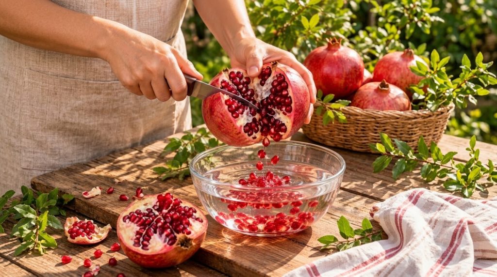 A person s hands gently deseeding a fresh pomegranate into a clear glass bowl of water on a rustic wooden table Vibrant 