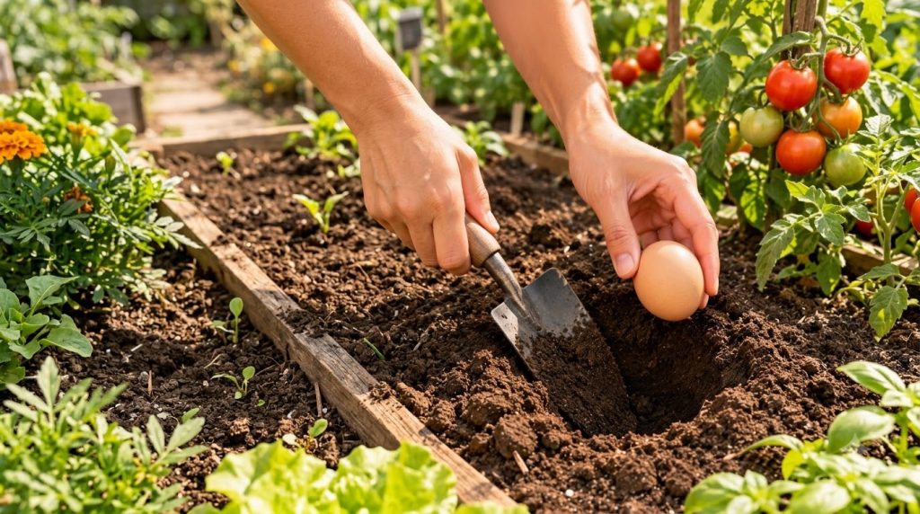 Hands gently pouring homemade compost tea onto rich dark garden soil around a healthy plant with a trowel nearby