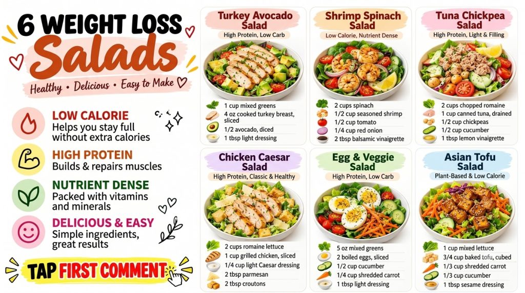 An infographic showing six distinct weight loss salad recipes in white bowls each with ingredient lists A title 6 Weight