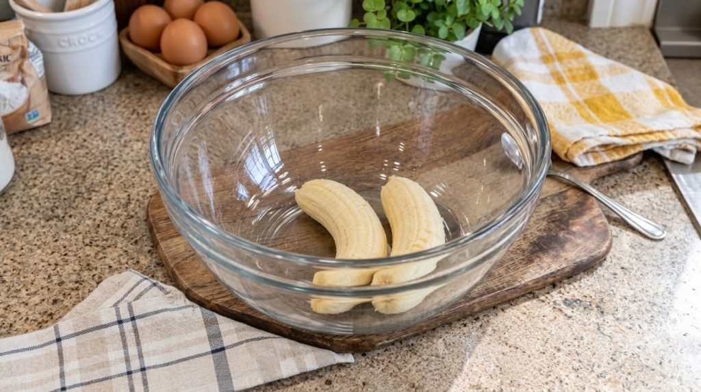 Peeled ripe bananas in a clear glass mixing bowl with eggs in a wooden bowl in the background ready for baking
