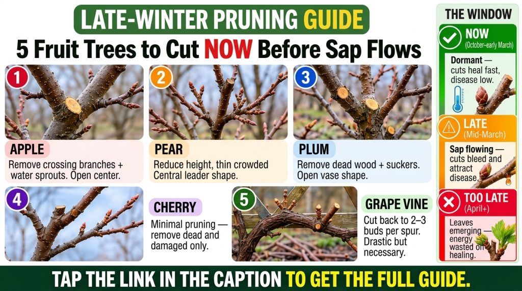 An infographic titled Late-Winter Pruning Guide showing close-up photographs of bare tree branches apple pear plum cherr