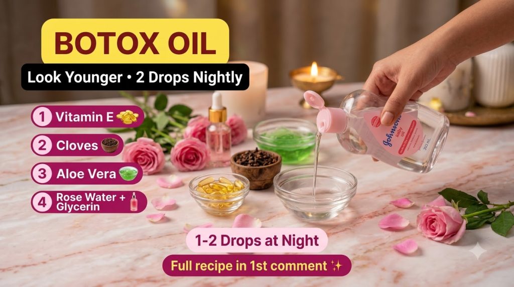 A hand pouring baby oil into a bowl surrounded by Vitamin E capsules cloves aloe vera gel and rose petals on a marble su