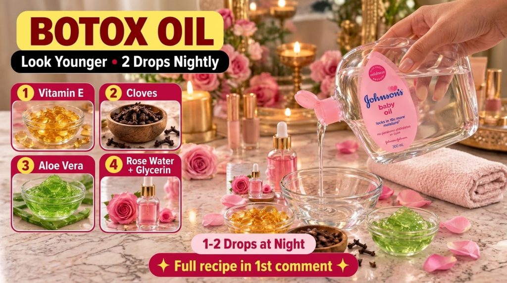 A hand pouring baby oil into a glass bowl with other ingredients like Vitamin E capsules aloe vera gel rose water and cl