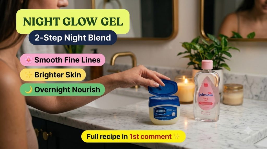 A hand opening a jar of Vaseline Petroleum Jelly placed next to a bottle of Johnson s Baby Oil on a white marble counter
