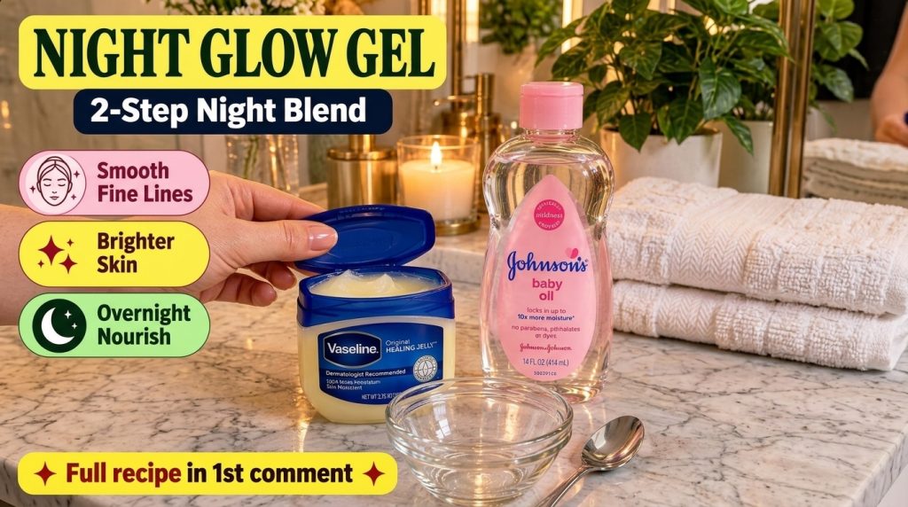 A hand holding an open jar of Vaseline next to a bottle of baby oil an empty glass bowl and a spoon on a marbled counter