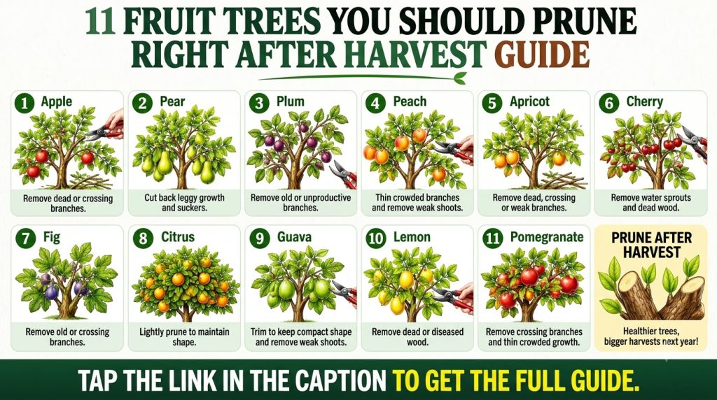 An infographic titled 11 Fruit Trees You Should Prune Right After Harvest Guide showing different fruit trees and their 