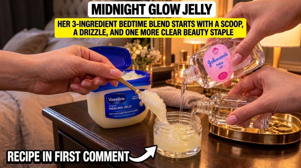 Hands mixing Vaseline baby oil and vegetable glycerin in a small glass jar on a dark wooden surface with the original in