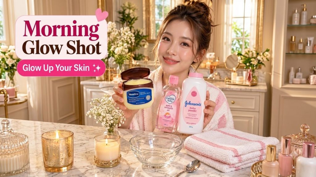 A smiling Asian woman holding Vaseline healing jelly Cussons baby oil and Johnson s baby powder against a warm well-lit 